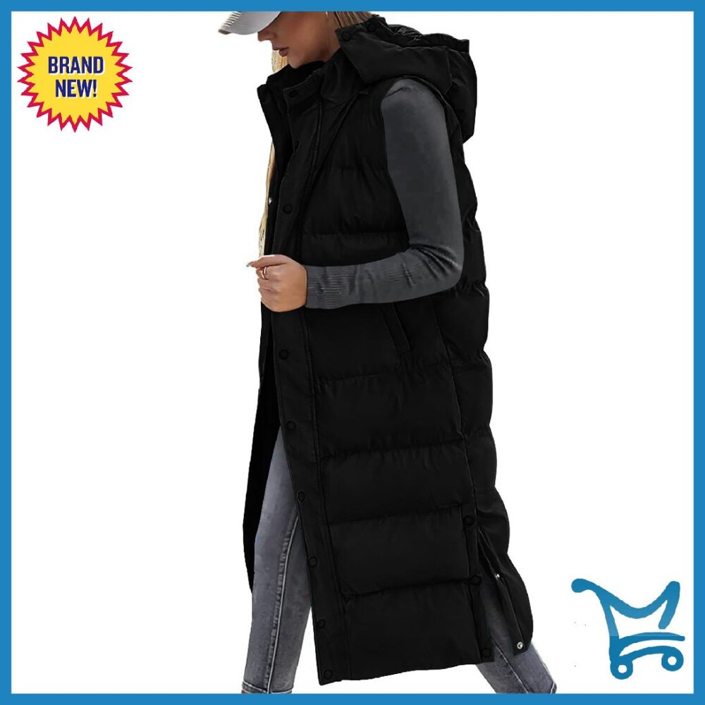 Women's Long Hooded Puffer Vest Quilted Sleeveless Jacket Button Zipper
